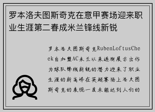 罗本洛夫图斯奇克在意甲赛场迎来职业生涯第二春成米兰锋线新锐