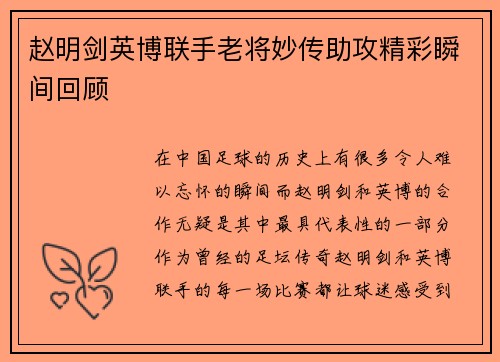 赵明剑英博联手老将妙传助攻精彩瞬间回顾